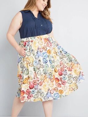 ModCloth High Waist A-Line Midi Skirt Size L Gourd Pumpkin Print Pockets Fall